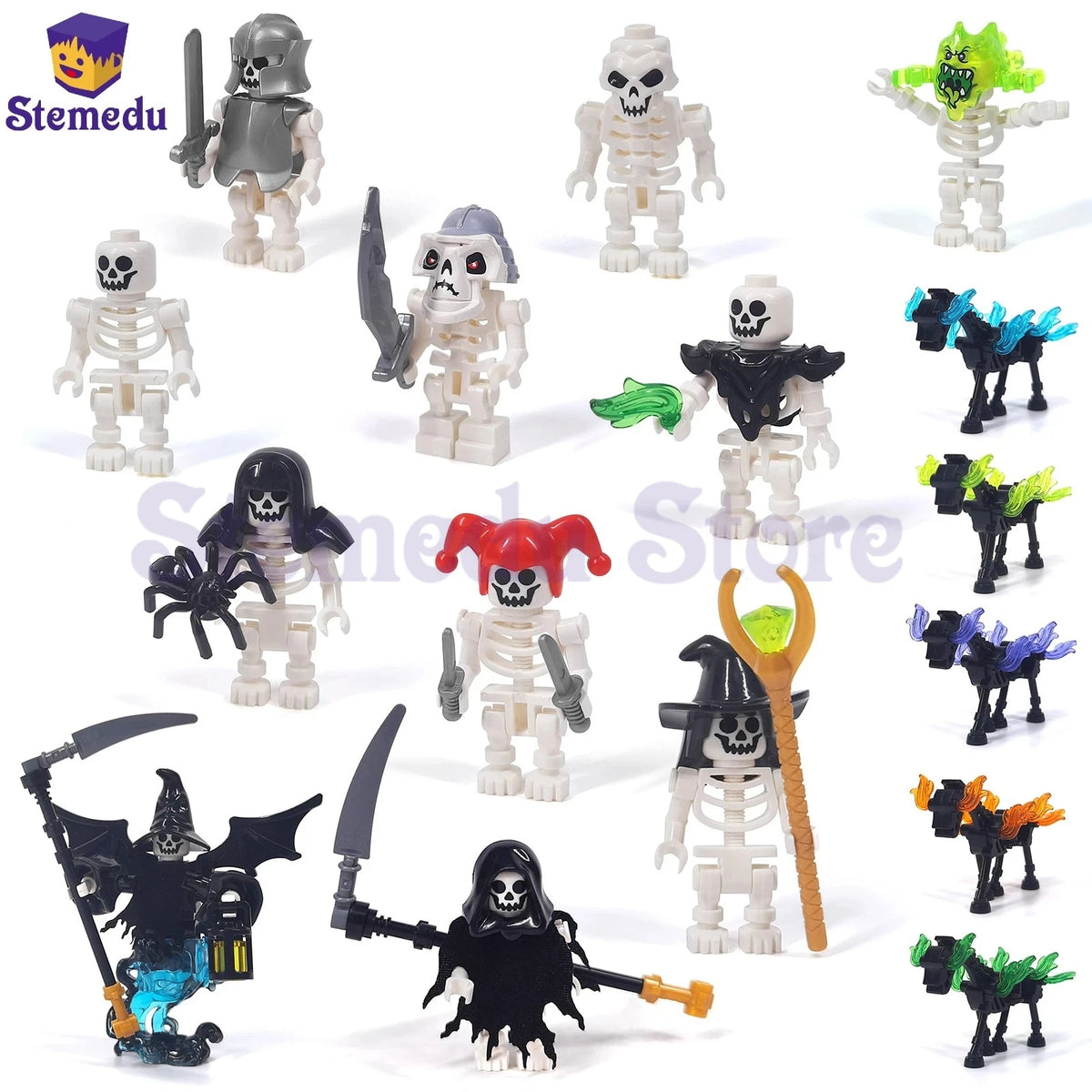 5PCS MOC Halloween Skeleton Army Mini Doll Ghost Building Block DIY Assembly Character Doll Horse Ornaments Figure Gift for Kids
