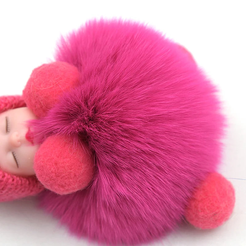 Sleeping Baby Pompom Plush Keychain Cute Fluffy Bag Charm