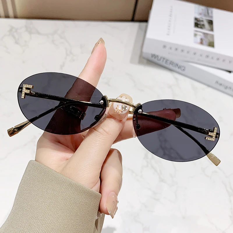 Oval Rimless UV400 Sunglasses Women Small Metal Frame Fashion Outdoor Shades