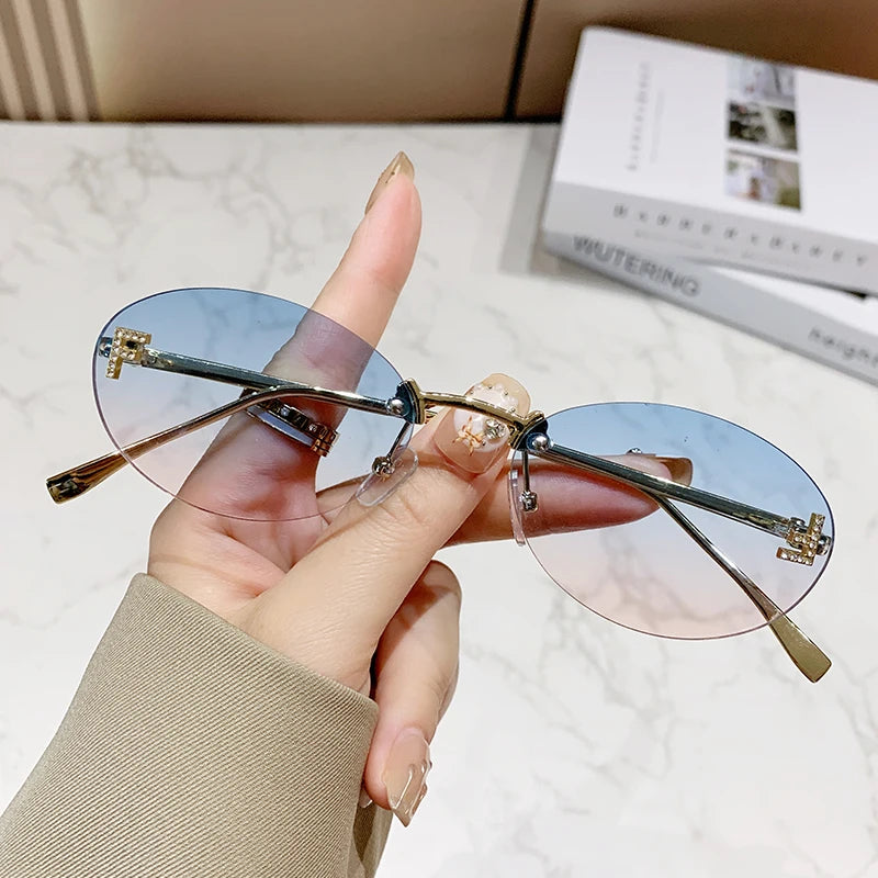 Oval Rimless UV400 Sunglasses Women Small Metal Frame Fashion Outdoor Shades
