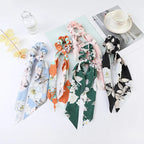 Floral Satin Bow Scrunchie with Long Ribbon Scarf