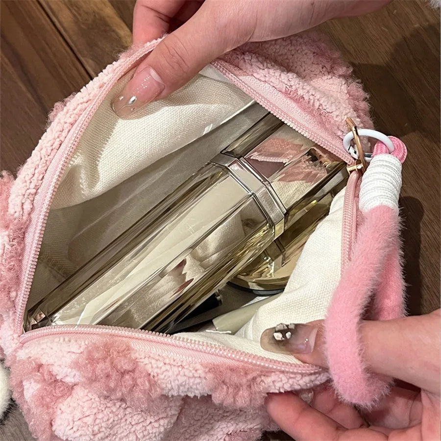 Plush Travel Makeup Organizer Bag with Handle