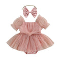 0-24M Infant Baby Girl Romper Dress Solid Color Short Sleeve Front Bowknot Tulle Jumpsuit Headband Baby Girl Summer Clothes