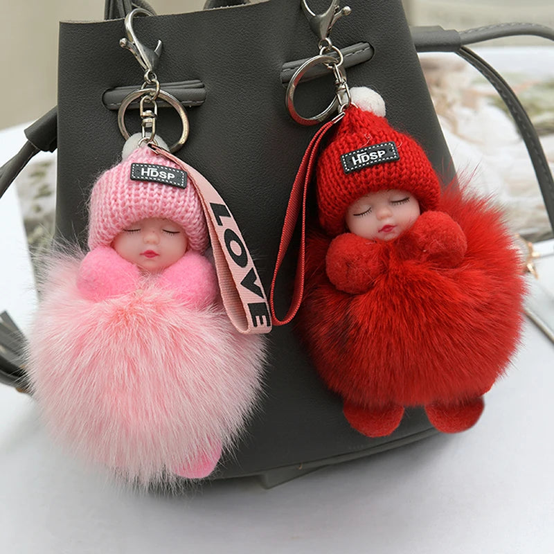 Sleeping Baby Pompom Plush Keychain Cute Fluffy Bag Charm