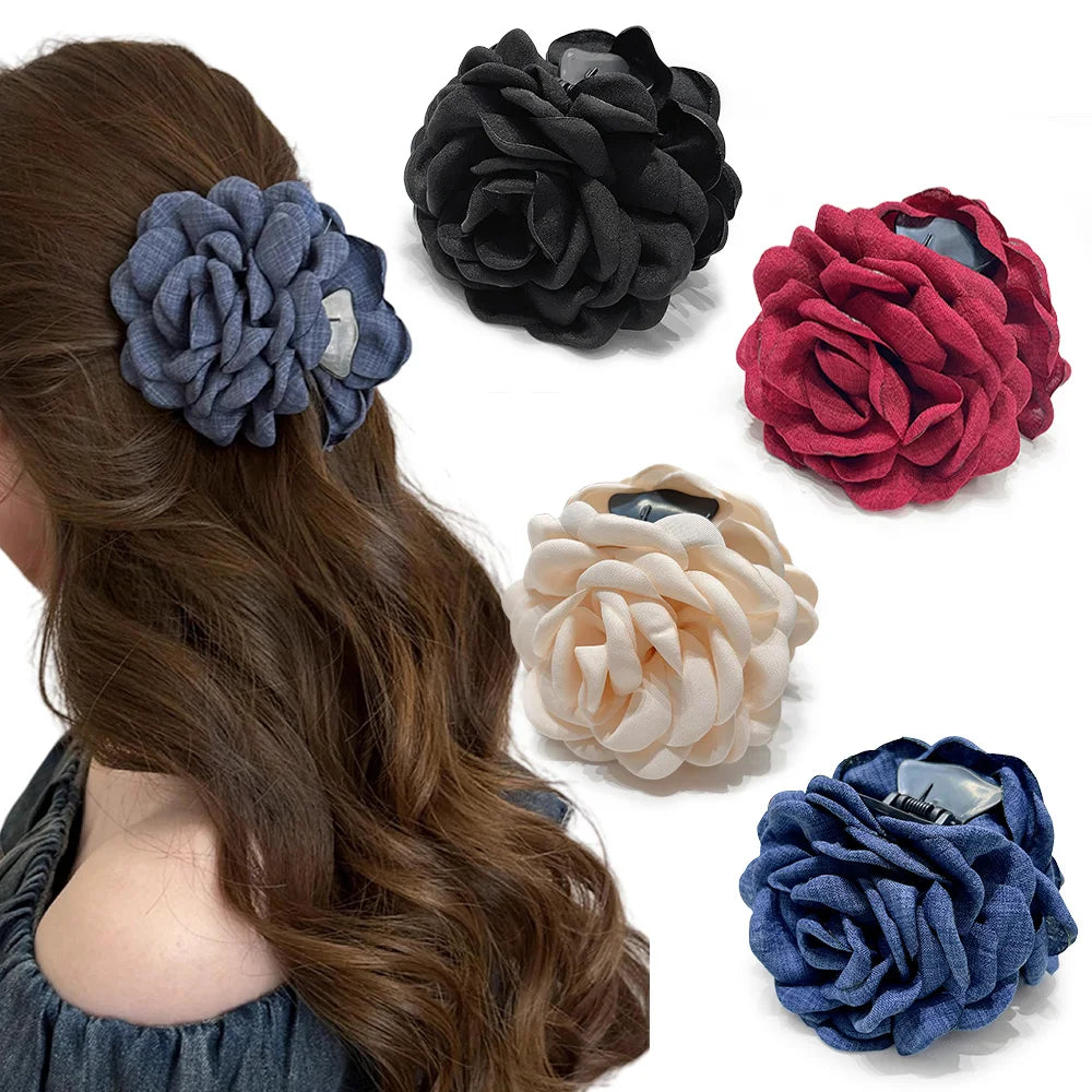 Cotton Rose Flower Hair Claw Clip – Medium Shark Clamp