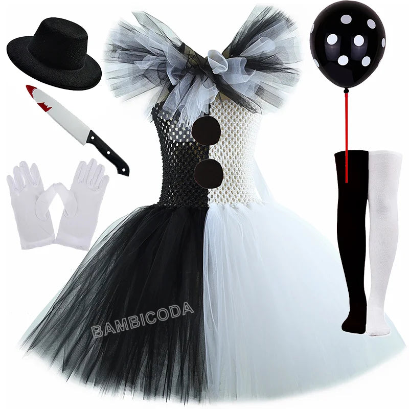 Girls Horror Clown Costume – Black & White Tutu Dress