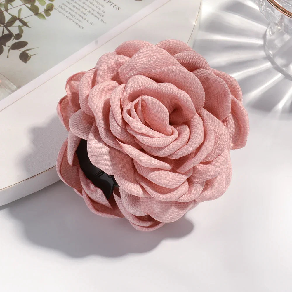 Cotton Rose Flower Hair Claw Clip – Medium Shark Clamp