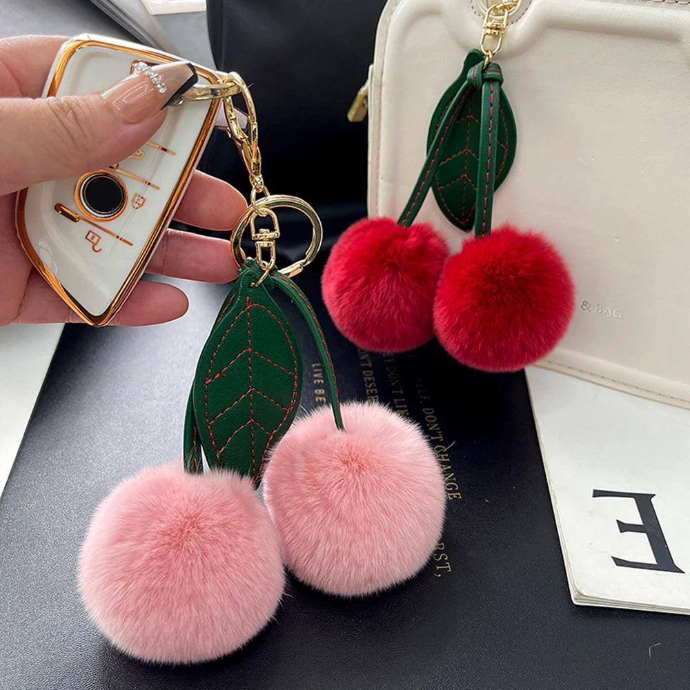 Cute Fluffy Cherry Fur Ball Keychain Bag Pendant Charm