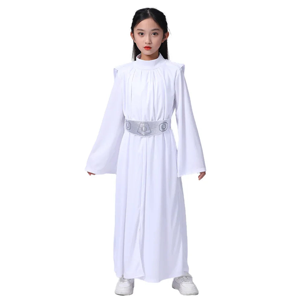 Child Princess Leia Cosplay Fancy-dress Girls White Hooded Robe Kids Outfit With Wig Halloween Carnival Party Costume