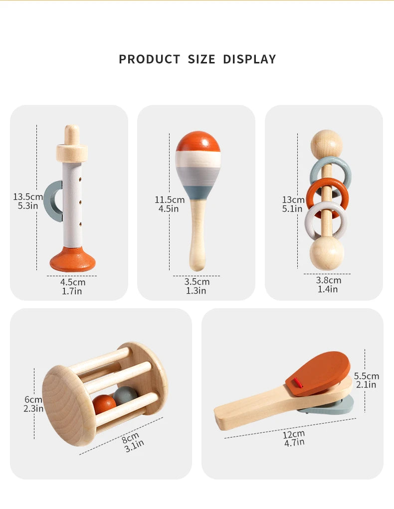 Baby Wooden Hand Bell Rattle Montessori Sensory Grasp & Teething Toy