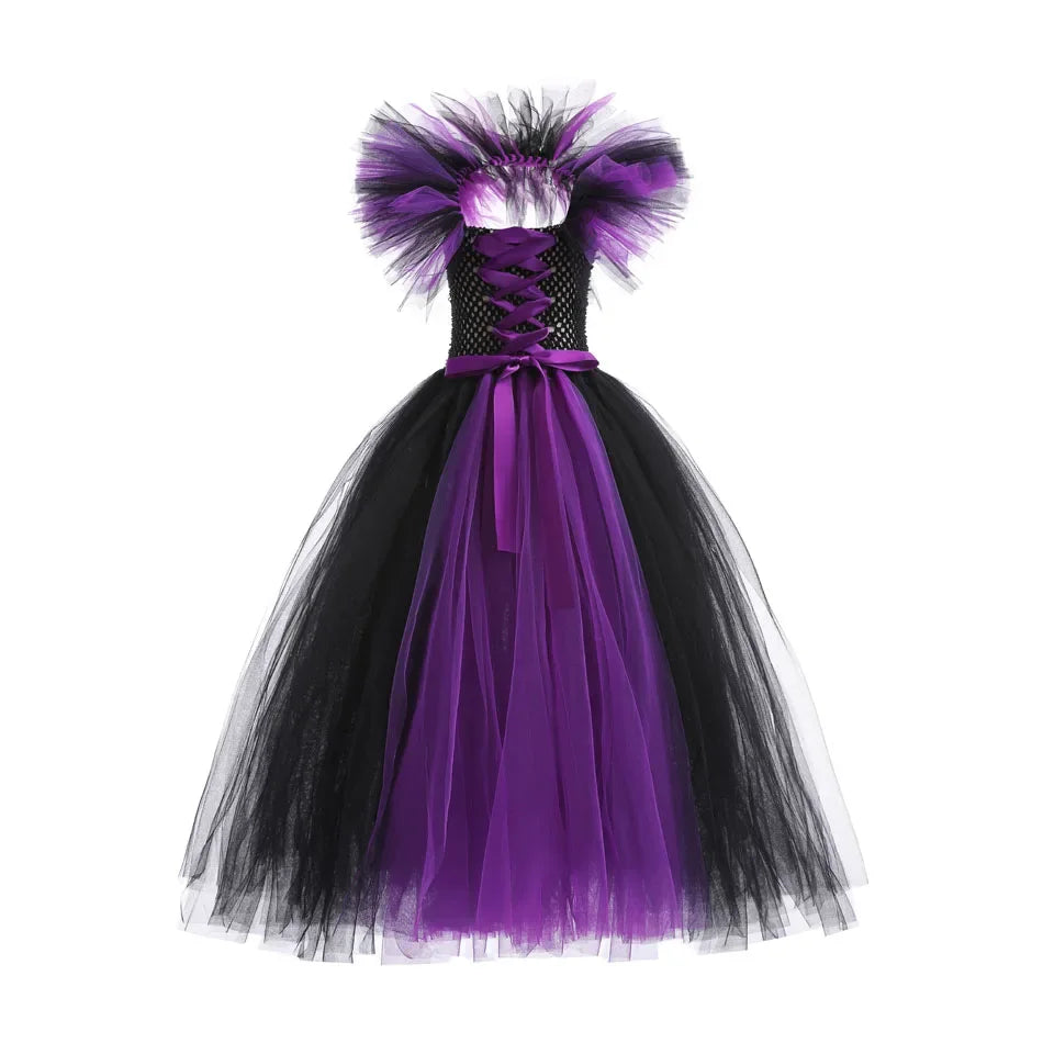 Children Cosplay Apparel for Halloween 2025 Maleficent Costume Tutu Dress Girl Evil Queen Disguise Witch Gown Villain Costume