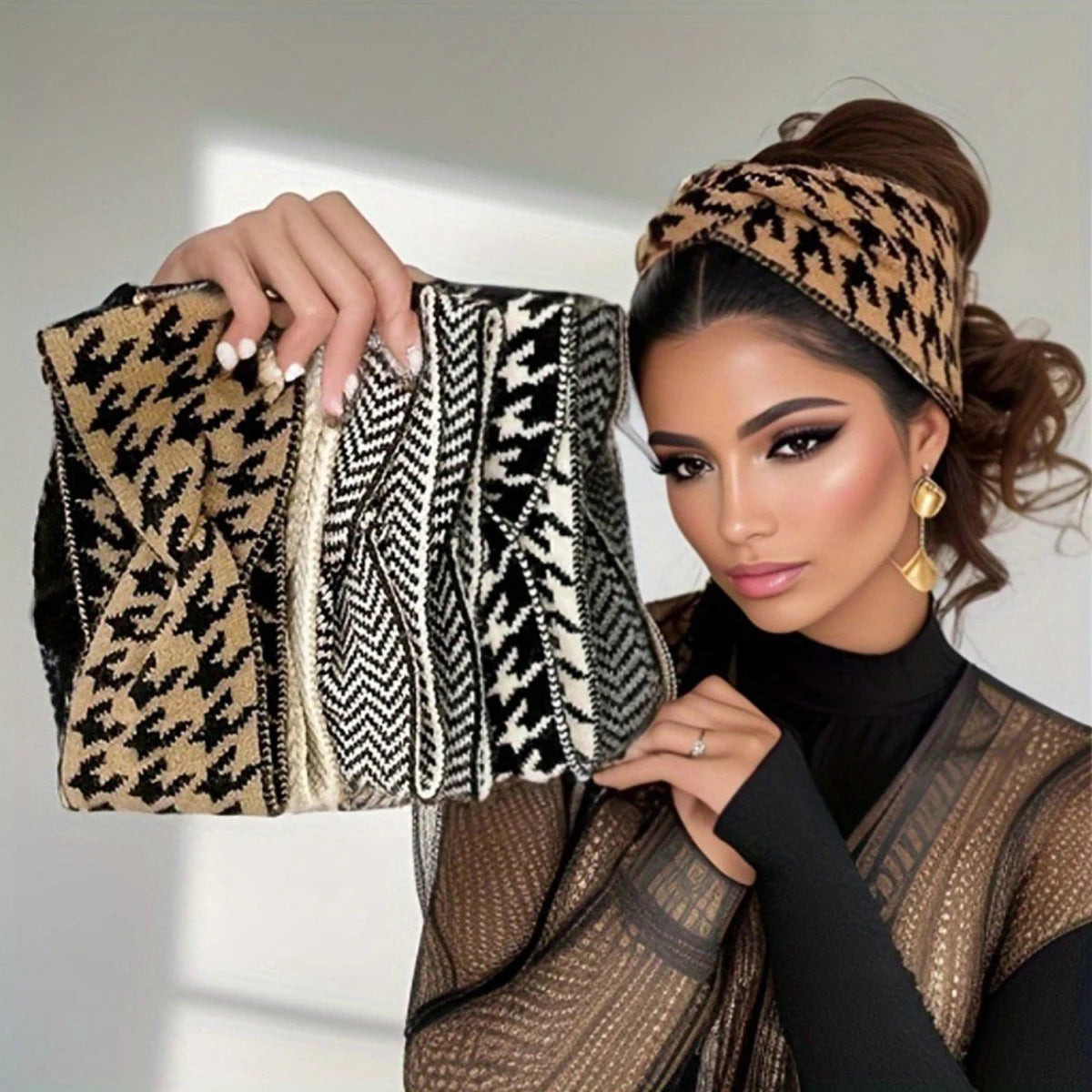 Knitted Houndstooth Headband Set for Women