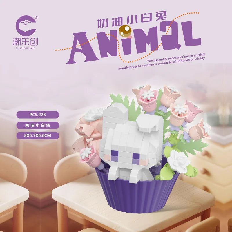 Cute Dessert Small Animals Potted Bouquet Cartoon Doll Panda Puppy Building Block Ornament Children Toys Gift