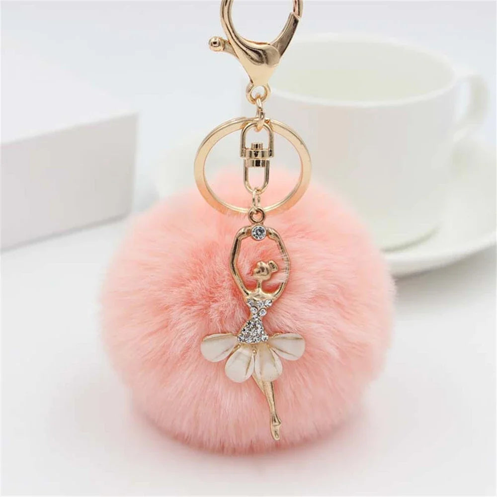 Rhinestone Ballet Dancer Plush Ball Keychain for Women and Girls