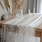 Pearl Chiffon Table Runner 80x300cm Semi Transparent Gauze Mesh Table Cloth for Wedding Bridal Shower Party Dining Decoration