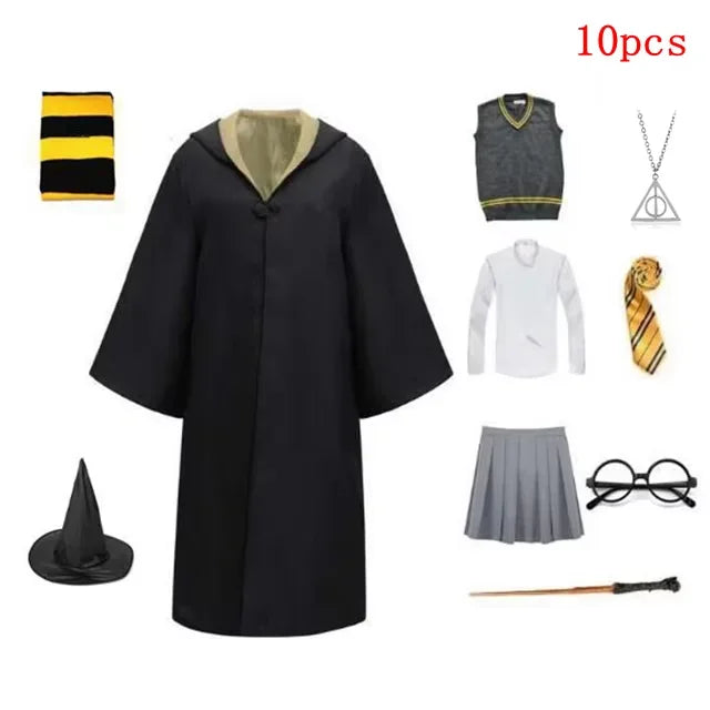 Harri Potters Adult&Children Cosplay Costume Gryffindors Shirt Gown Cloak Tie Scarf Wand Slytherin Skirt Halloween Hermione Gift