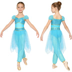 Girls Arabian Princess Costume Belly Dance Jumpsuit Shiny Sequin Tulle Overlay Satin Bodysuit for Halloween Theme Party Carnival