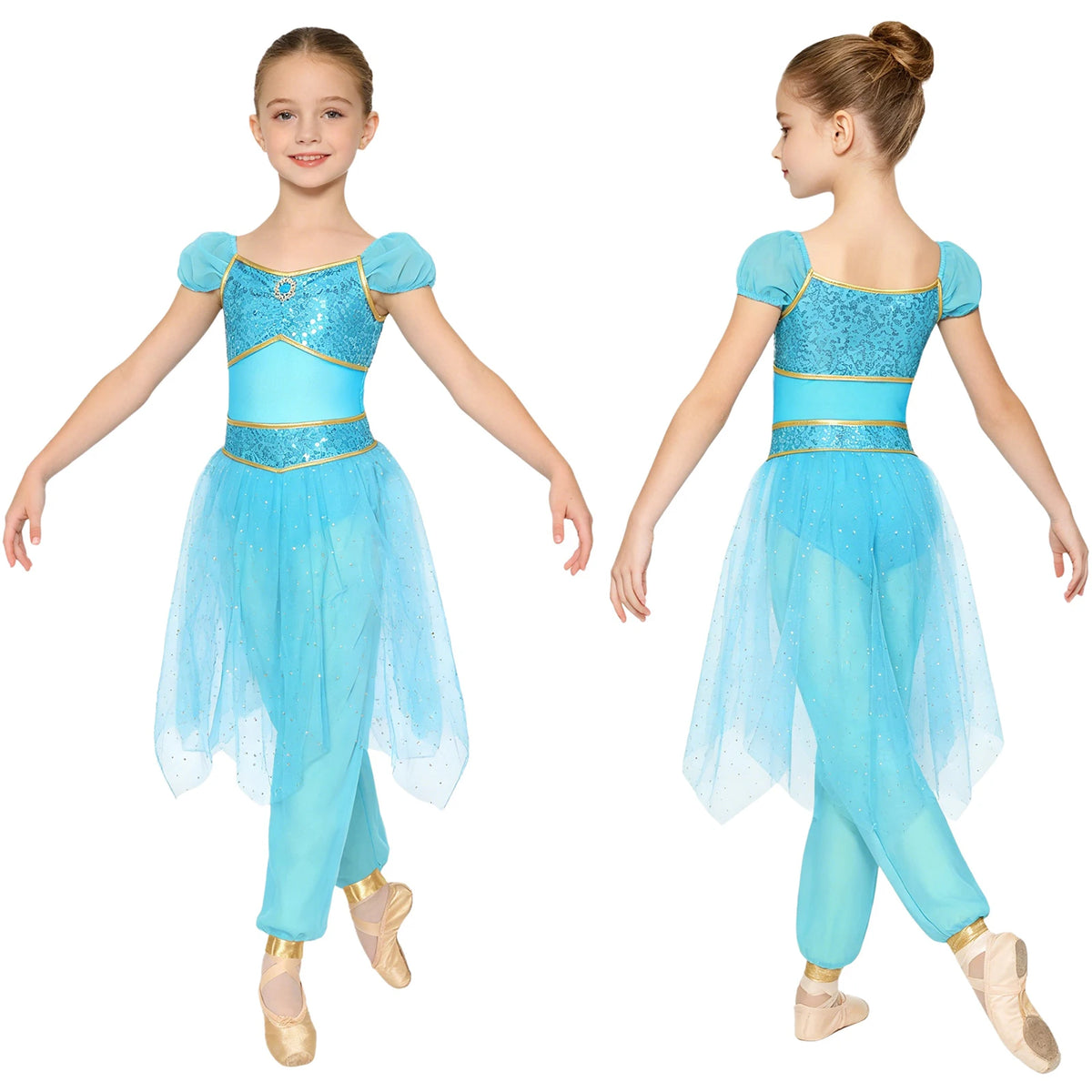 Girls Arabian Princess Costume Belly Dance Jumpsuit Shiny Sequin Tulle Overlay Satin Bodysuit for Halloween Theme Party Carnival