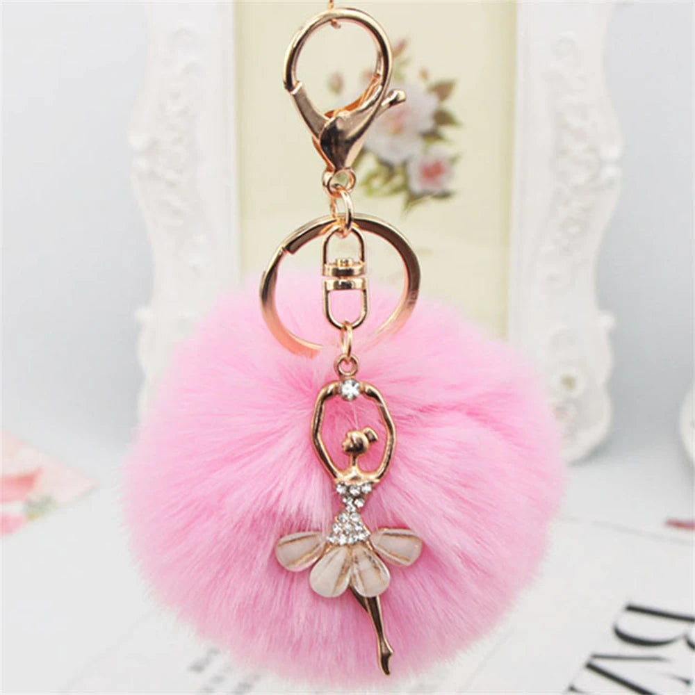Rhinestone Ballet Dancer Plush Ball Keychain for Women and Girls
