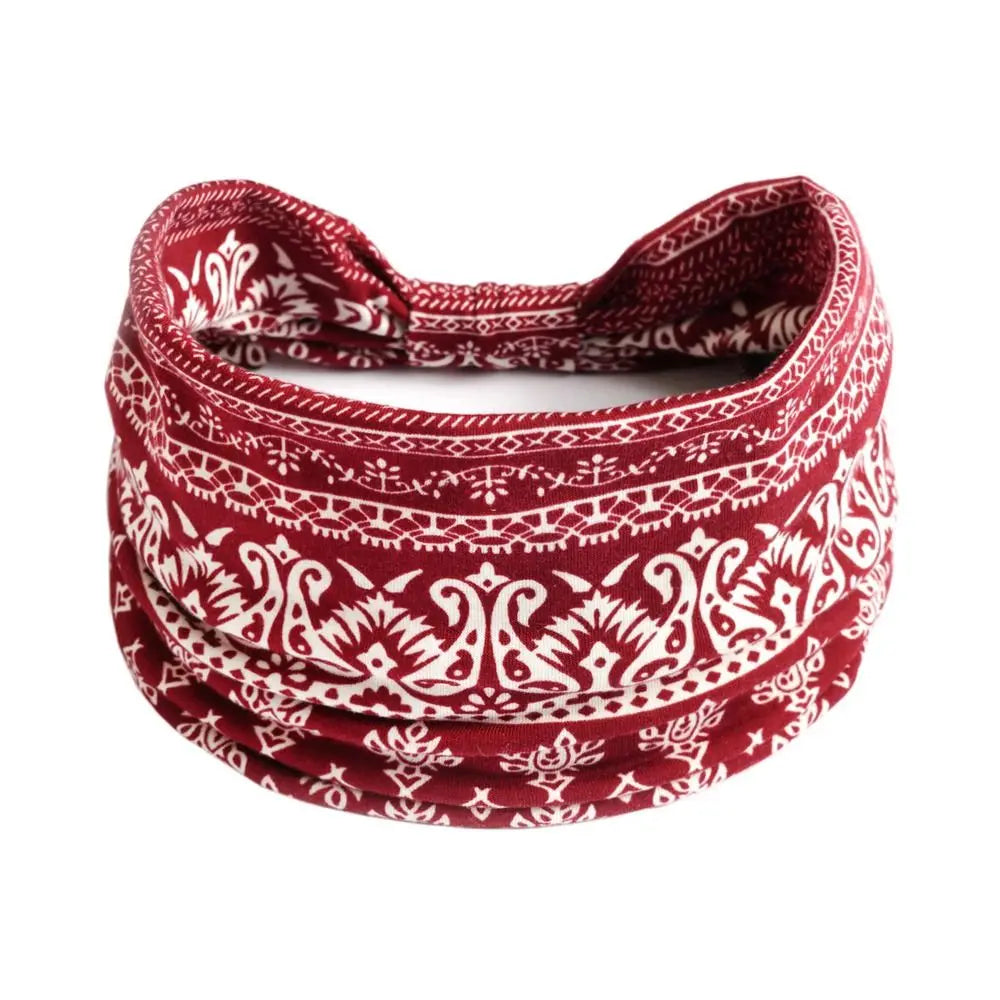 Boho Print Wide Knot Elastic Headband for Women