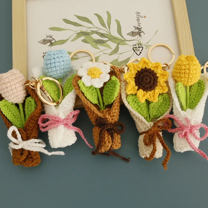 Crochet Flower Bouquet Keychain Handmade Floral Bag Charm