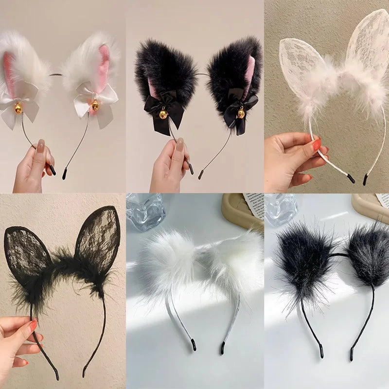 Plush Lace Cat Ears Bell Headband for Women