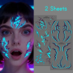 2pcs Glow in The Dark Kpop Gothic Women Face Temporary Tattoos -Cool Blue Purple Lightning & Vein Body Art Waterproof Tattoos