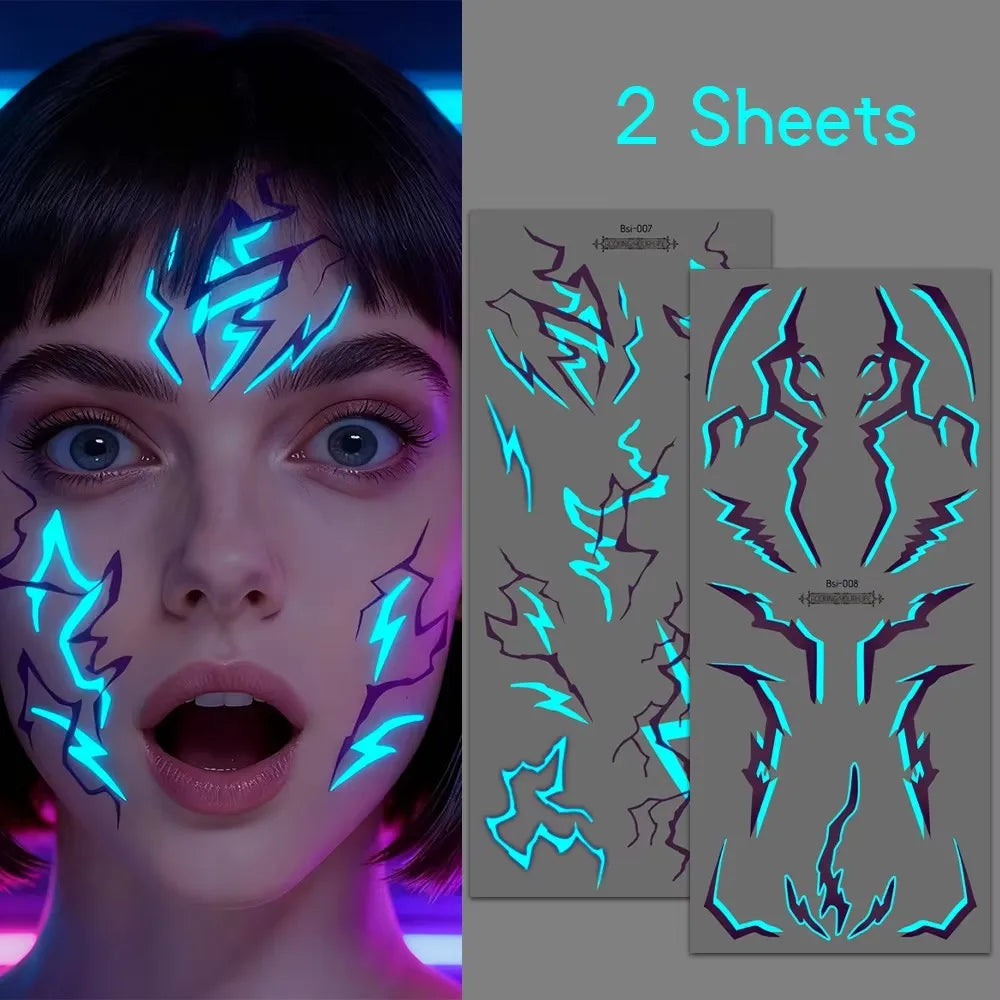 2pcs Glow in The Dark Kpop Gothic Women Face Temporary Tattoos -Cool Blue Purple Lightning & Vein Body Art Waterproof Tattoos