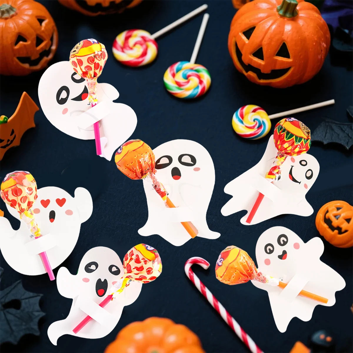 48pcs Ghost Lollipop Holder Happy Halloween Lollipop Decoration Paper Card Trick Or Treat Candy Pack kid Halloween Party