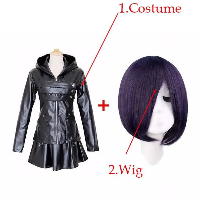 Anime Tokyo Ghoul Touka Kirishima Cosplay Costume Full Set Uniform PU Leather Black Dress Hoodie Women Halloween Fighting Dress