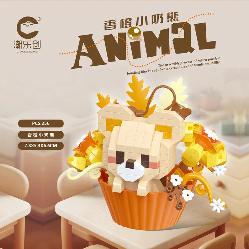 Cute Dessert Small Animals Potted Bouquet Cartoon Doll Panda Puppy Building Block Ornament Children Toys Gift