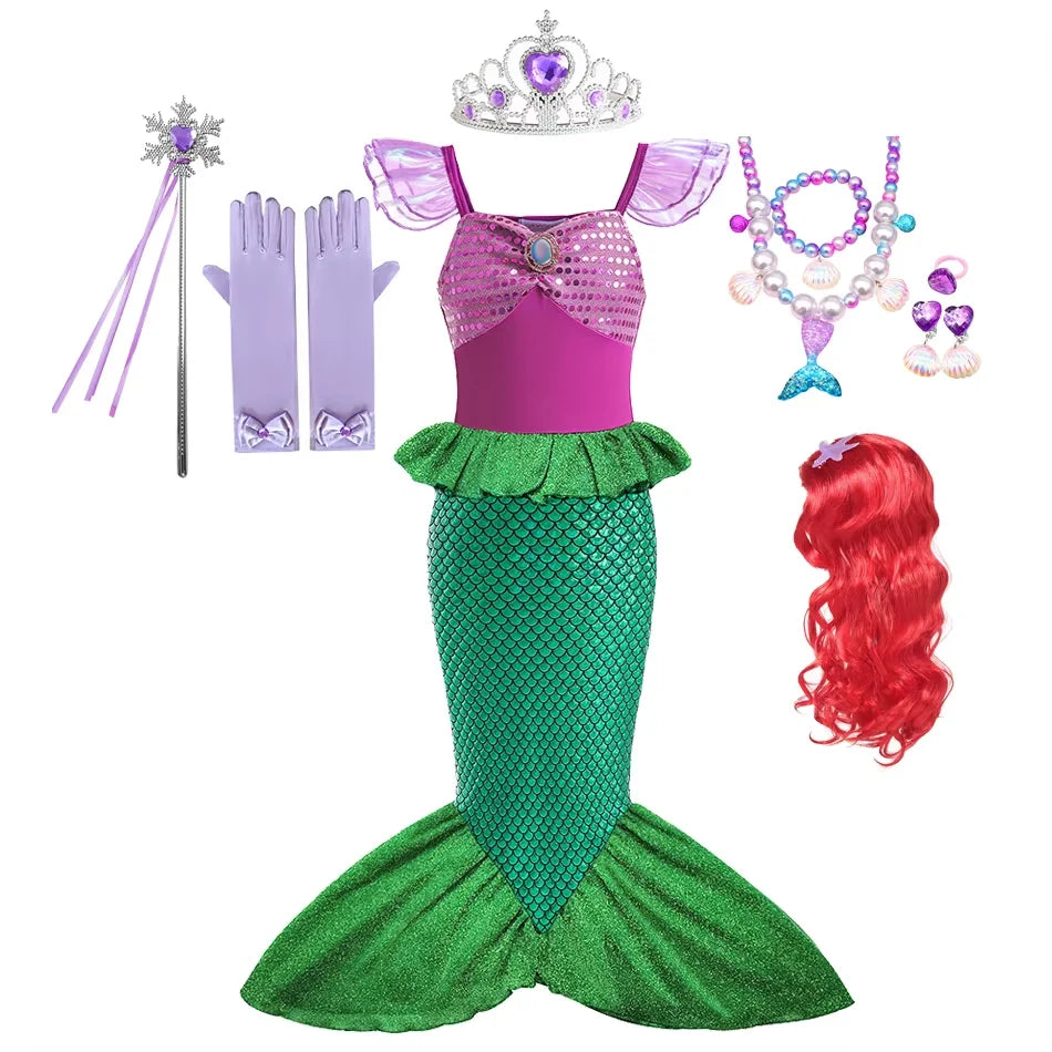 Ariel Little Mermaid Short Sleeve Tulle Dress for Girls Cosplay Princess Costume Carnival Birthday Party Outfit 2-8Y Vestido
