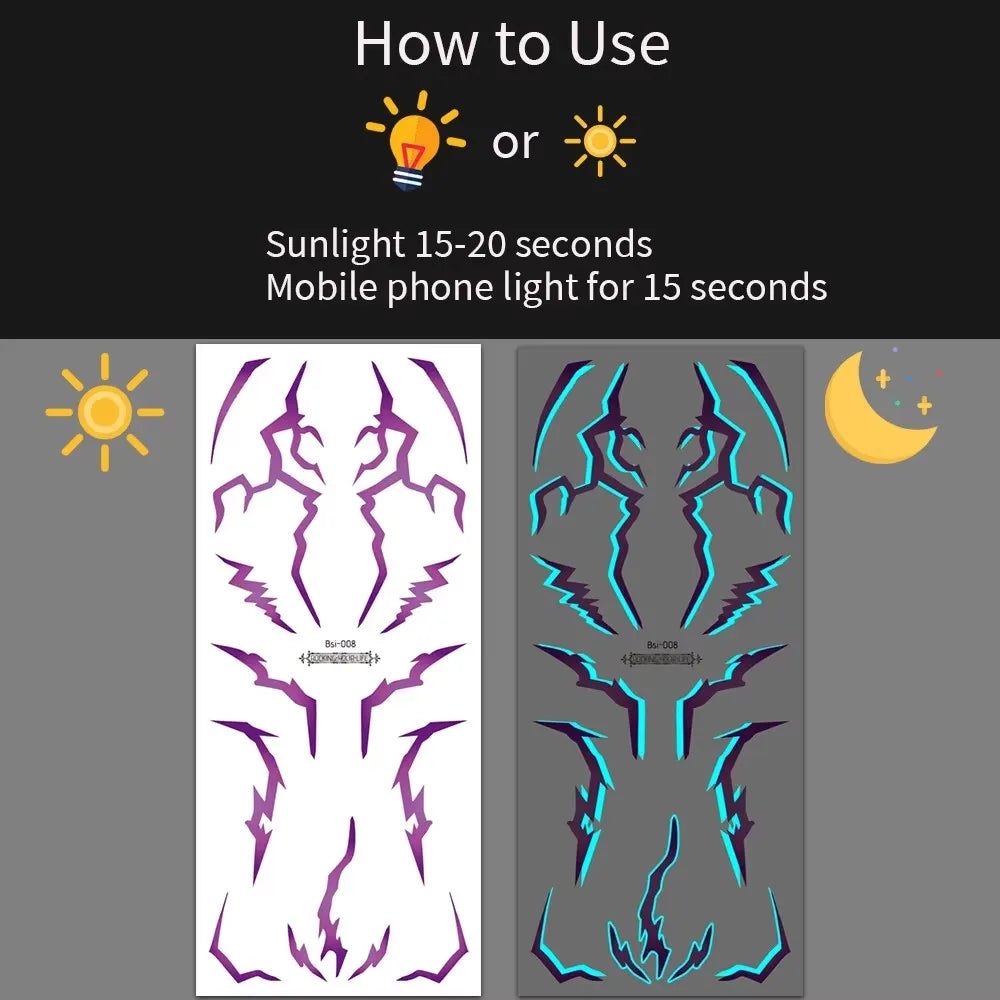 2pcs Glow in The Dark Kpop Gothic Women Face Temporary Tattoos -Cool Blue Purple Lightning & Vein Body Art Waterproof Tattoos
