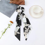 Floral Satin Bow Scrunchie with Long Ribbon Scarf