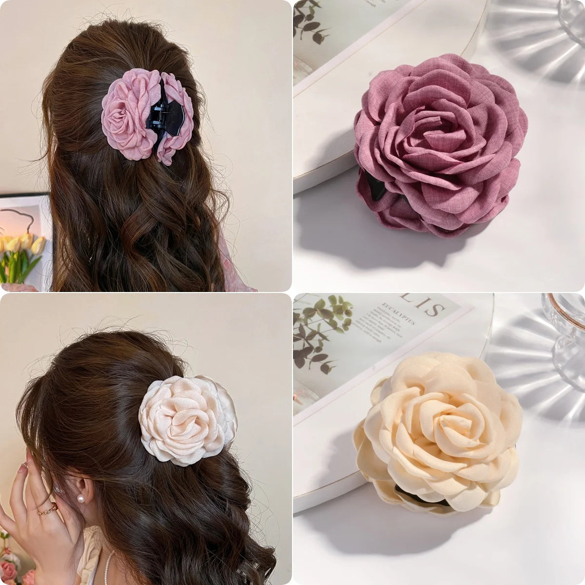 Cotton Rose Flower Hair Claw Clip – Medium Shark Clamp