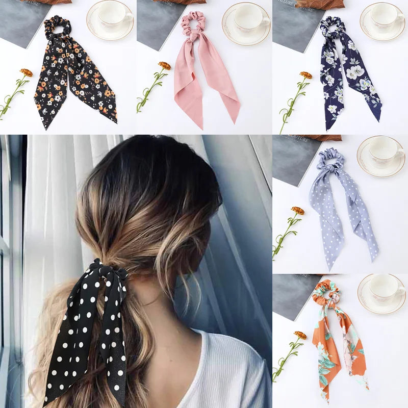 Floral Satin Bow Scrunchie with Long Ribbon Scarf