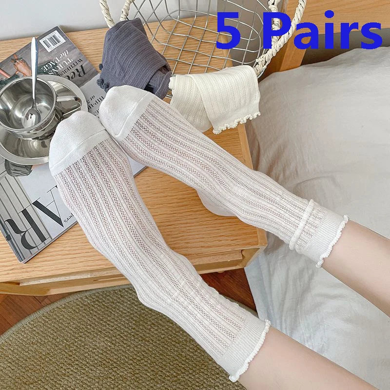 5 Pairs/Lot Women Hollow Mesh Tube Socks Ear Fungus Edge Socks Ins Trendy Spring Summer Loose Mouth Thin Style Girls Pile Socks