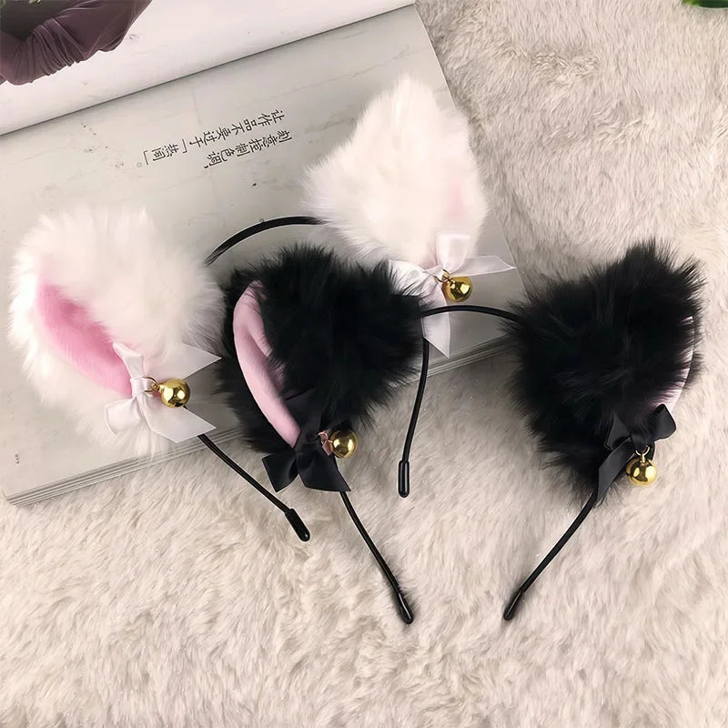 Plush Lace Cat Ears Bell Headband for Women