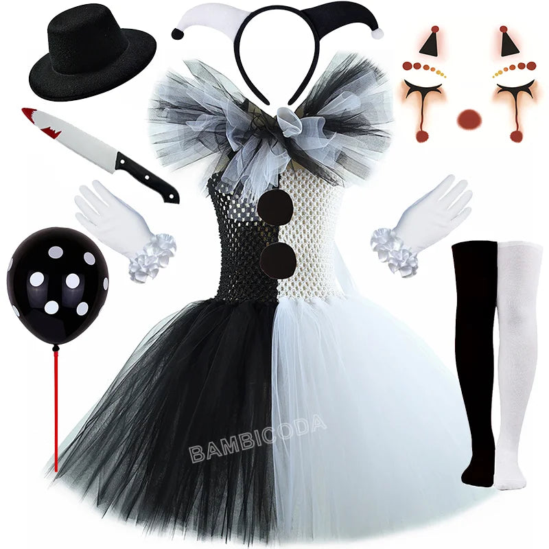 Girls Horror Clown Costume – Black & White Tutu Dress