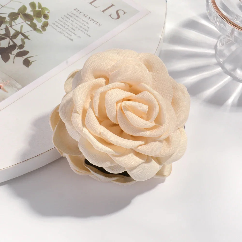 Cotton Rose Flower Hair Claw Clip – Medium Shark Clamp