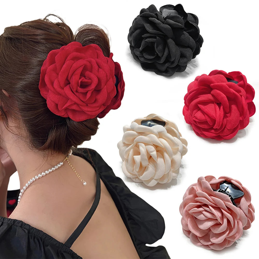 Cotton Rose Flower Hair Claw Clip – Medium Shark Clamp