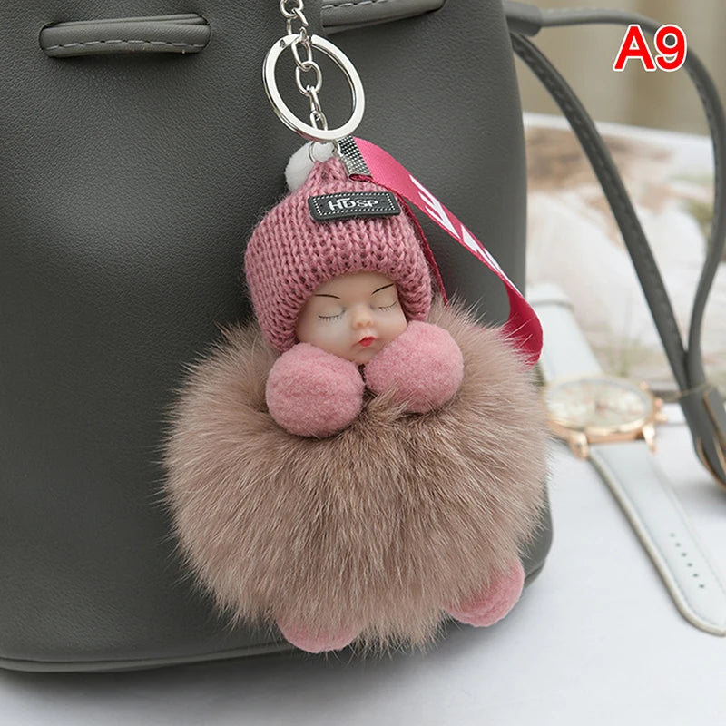 Sleeping Baby Pompom Plush Keychain Cute Fluffy Bag Charm