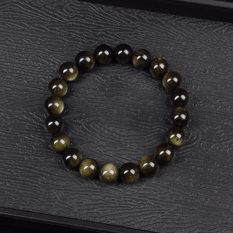 Natural Golden Obsidian Stone Beads Bracelet Men Women Golden Light Rainbow Obsidian Raw Stone Round Bead Natural Energy Jewelry