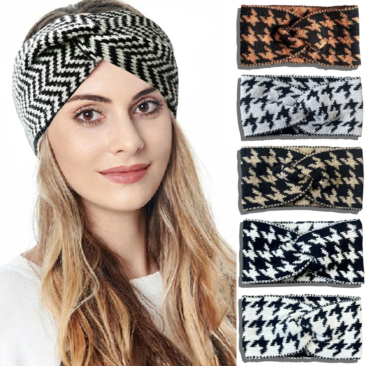Knitted Houndstooth Headband Set for Women