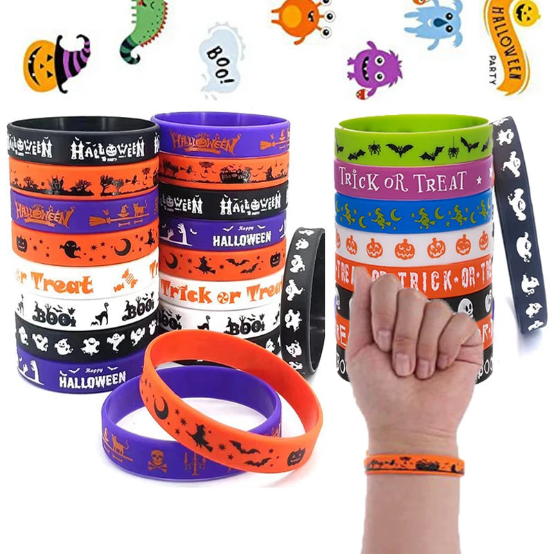 12/24PCS Silicone Bracelets Halloween Decorations Kids Wristband Pumpkin Skull Ghost Bat Halloween Party Favor Gift Bag Fillers