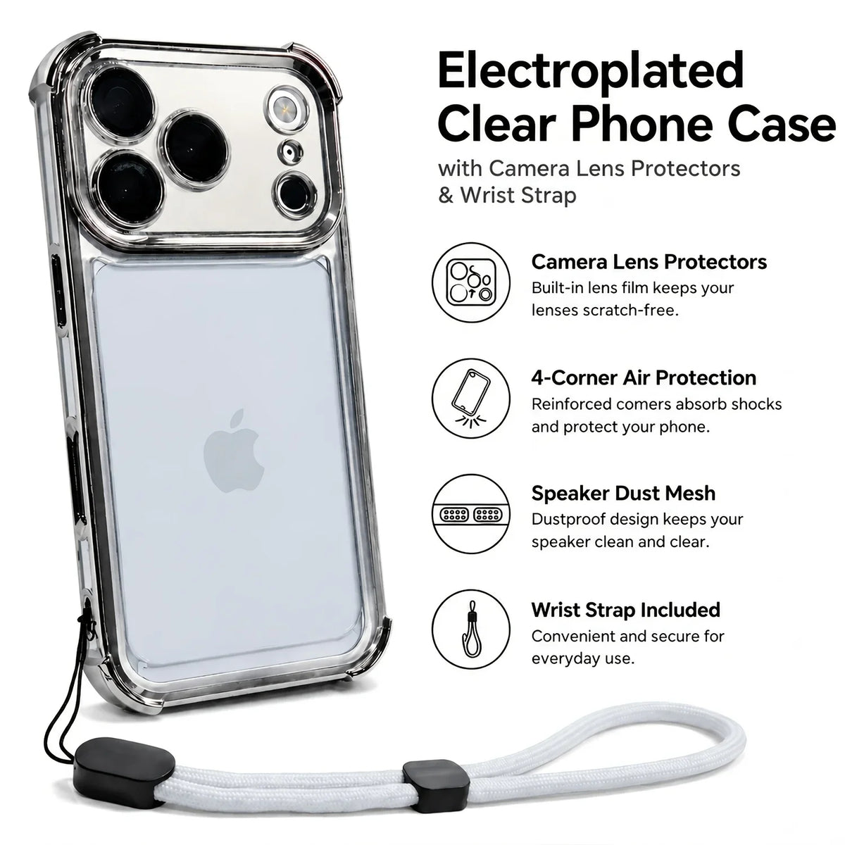 Luxury Transparent Shockproof Phone Case For iPhone 18 17 13 12 Pro Max 16 15 14 Plus Air with Wrist Strap Lens Protector Cover