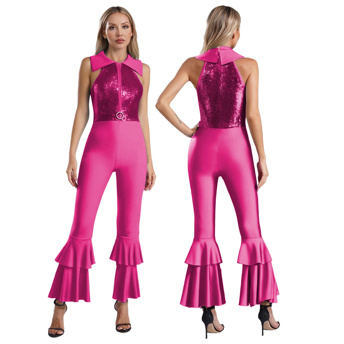 Womens 70s Disco Shiny Sequins Jumpsuit Sleeveless Turn-Down Collar Zipper Rhinestone O-Ring Front Tiered Bell-Bottom Bodysuit