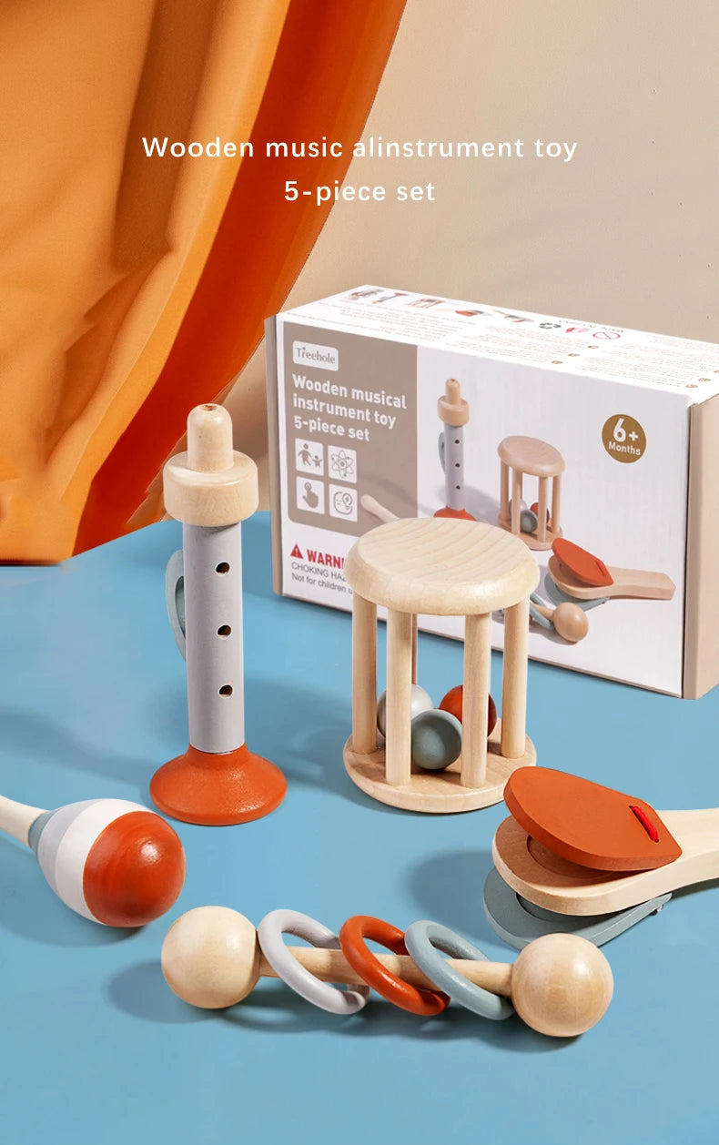 Baby Wooden Hand Bell Rattle Montessori Sensory Grasp & Teething Toy