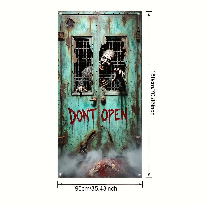 2D door banner, 1 piece, 2D/ flat horror skeleton zombie "Do not Open the Door" hanging door curtain, party decoration