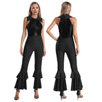Womens 70s Disco Shiny Sequins Jumpsuit Sleeveless Turn-Down Collar Zipper Rhinestone O-Ring Front Tiered Bell-Bottom Bodysuit